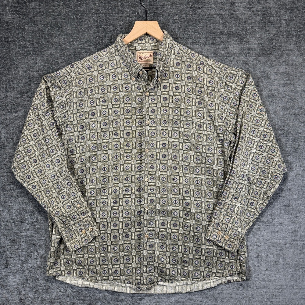 Woolrich Button Up Shirt Fish Print Outdoor Green Blue‎ Mens XL